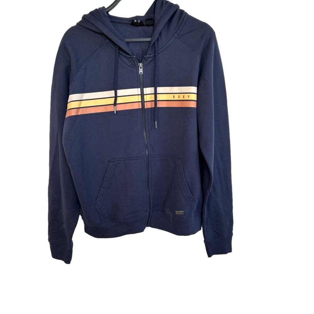 Roxy Women's Full Zip Hoodie Navy Blue Retro Stripe Graphic Sweatshirt Size L